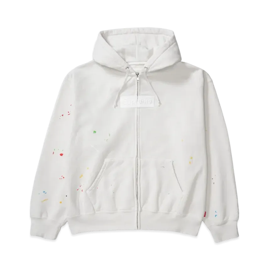 Supreme ボックスロゴ ペイントスプラッター ジップアップパーカー メンズ レディース フルジップ フーディー ブラック ホワイト ネイビー