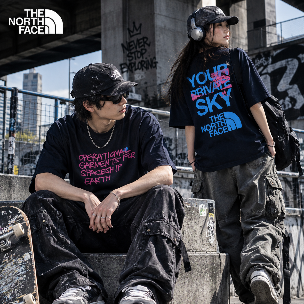 THE NORTH FACE グラフィックプリント ビッグシルエット 半袖 Tシャツ スプレーロゴ ストリート スケータースタイル ユニセックス メンズ レディース